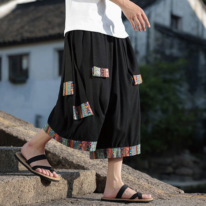 Buddha Stones夏 エスニック 7-8丈 クロップド丈 コットン メンズ ワイドレッグパンツ ポケット付き