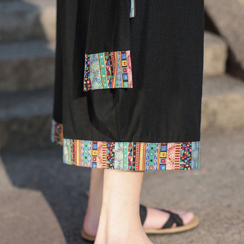 Buddha Stones夏 エスニック 7-8丈 クロップド丈 コットン メンズ ワイドレッグパンツ ポケット付き