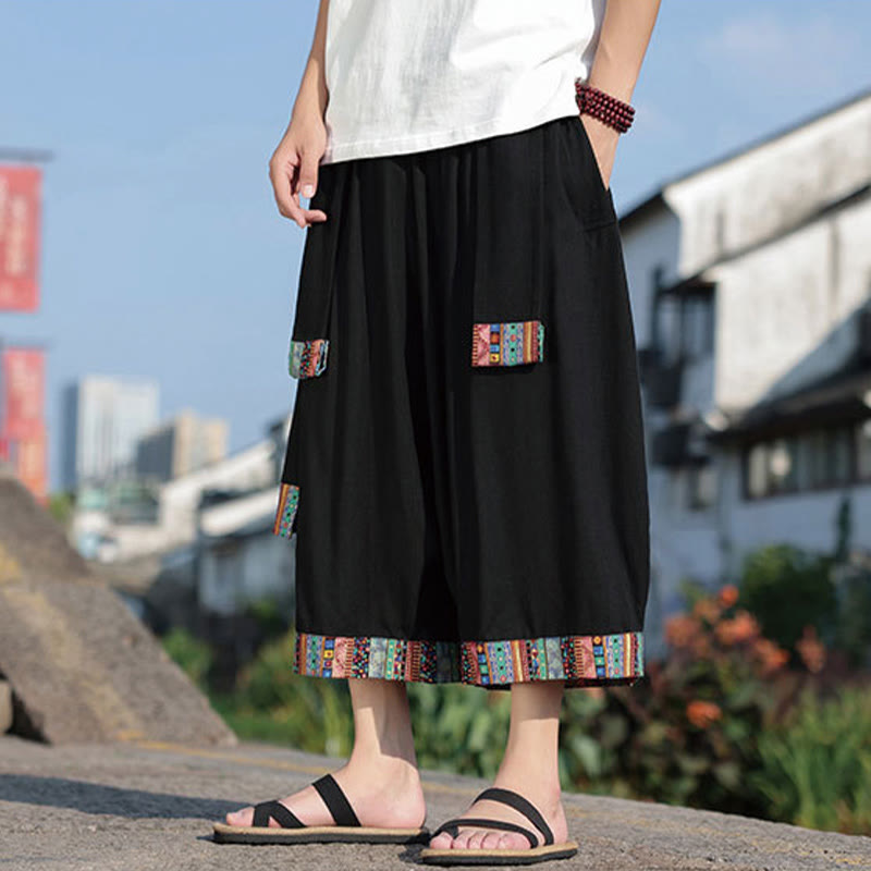 Buddha Stones夏 エスニック 7-8丈 クロップド丈 コットン メンズ ワイドレッグパンツ ポケット付き