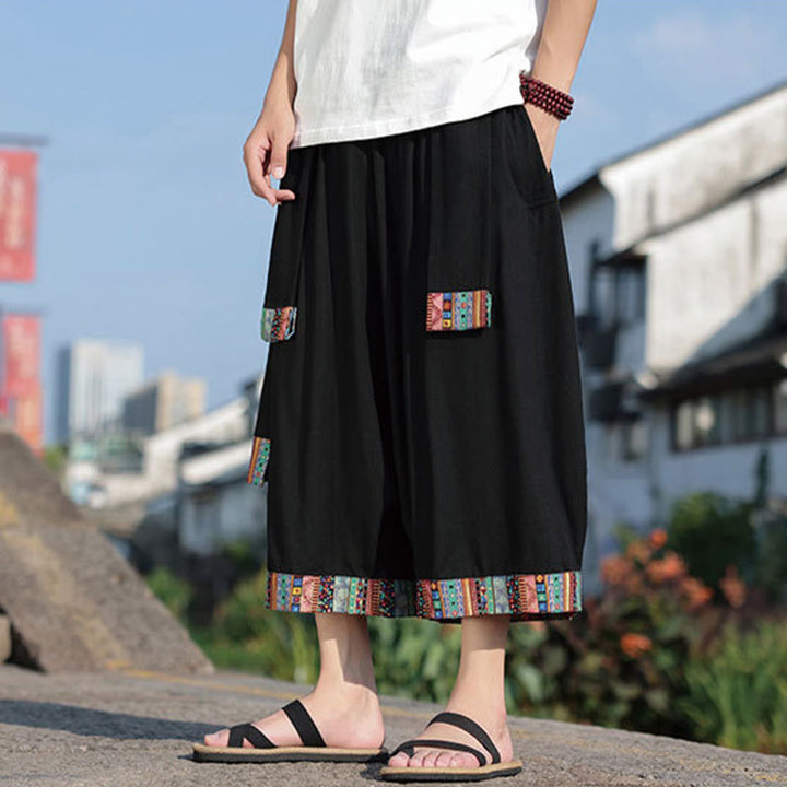 Buddha Stones夏 エスニック 7-8丈 クロップド丈 コットン メンズ ワイドレッグパンツ ポケット付き