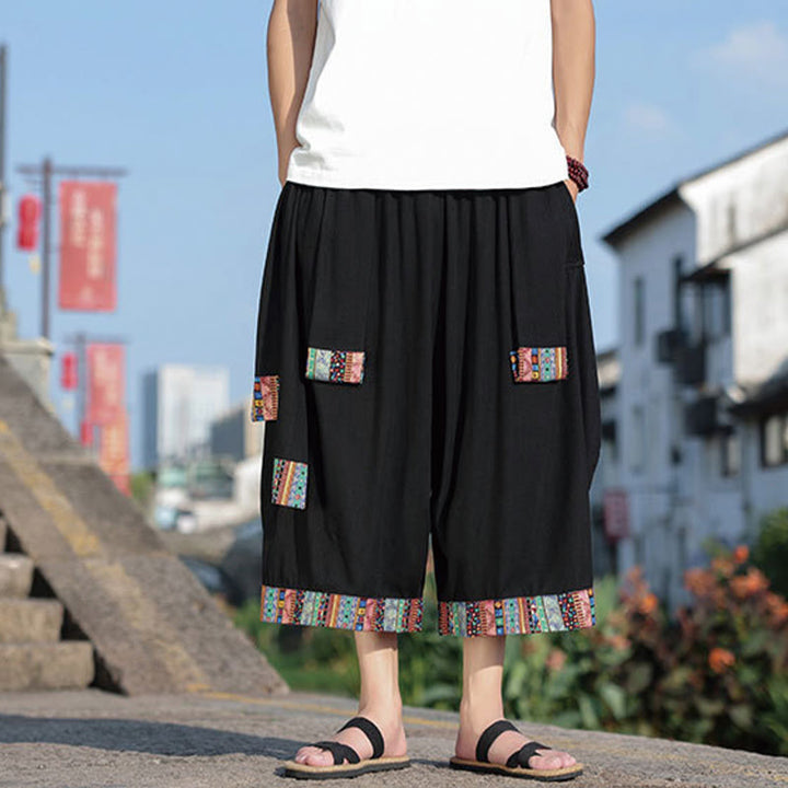 Buddha Stones夏 エスニック 7-8丈 クロップド丈 コットン メンズ ワイドレッグパンツ ポケット付き