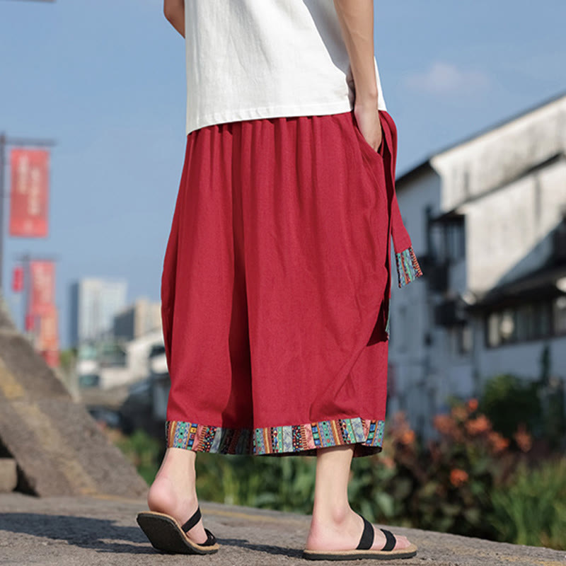 Buddha Stones夏 エスニック 7-8丈 クロップド丈 コットン メンズ ワイドレッグパンツ ポケット付き