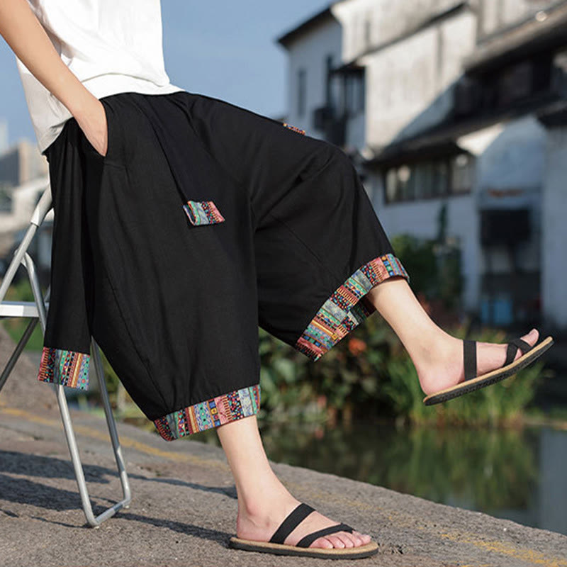 Buddha Stones夏 エスニック 7-8丈 クロップド丈 コットン メンズ ワイドレッグパンツ ポケット付き