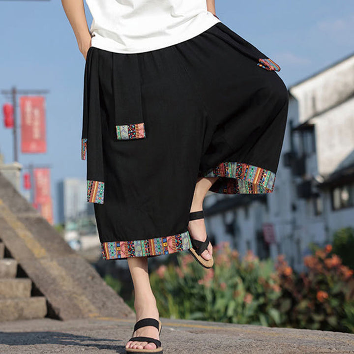 Buddha Stones夏 エスニック 7-8丈 クロップド丈 コットン メンズ ワイドレッグパンツ ポケット付き