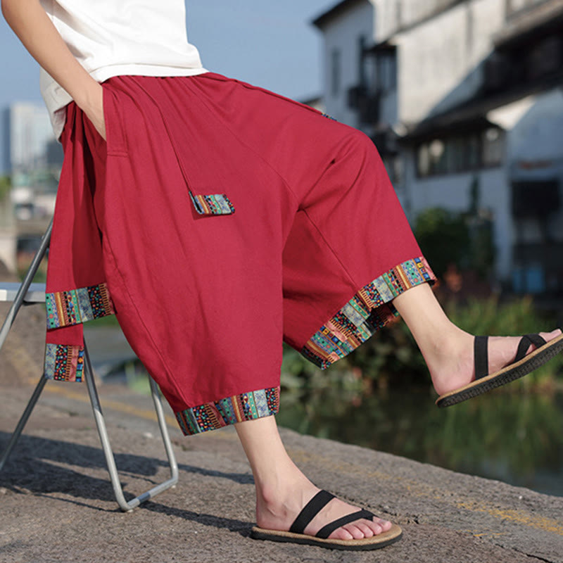 Buddha Stones夏 エスニック 7-8丈 クロップド丈 コットン メンズ ワイドレッグパンツ ポケット付き