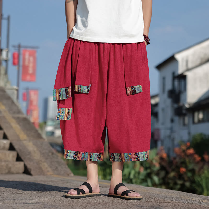 Buddha Stones夏 エスニック 7-8丈 クロップド丈 コットン メンズ ワイドレッグパンツ ポケット付き