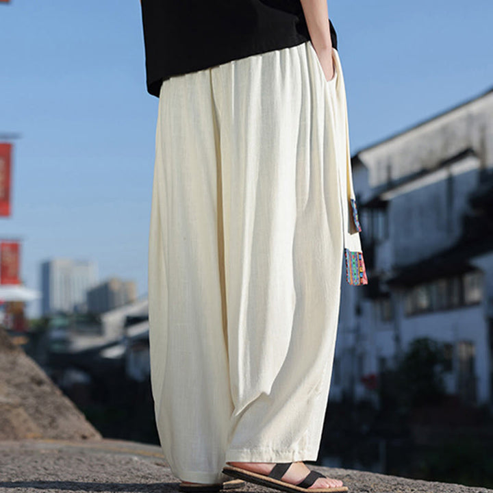 Buddha Stonesシンプル パッチワークデザイン ドローストリング ソフトコットン メンズ ワイドレッグパンツ ポケット付き