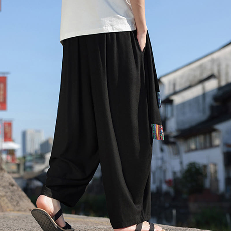 Buddha Stonesシンプル パッチワークデザイン ドローストリング ソフトコットン メンズ ワイドレッグパンツ ポケット付き