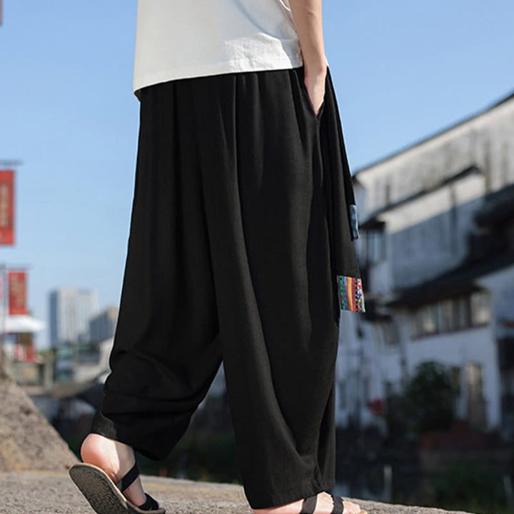 Buddha Stonesシンプル パッチワークデザイン ドローストリング ソフトコットン メンズ ワイドレッグパンツ ポケット付き