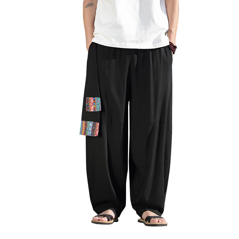 Buddha Stonesシンプル パッチワークデザイン ドローストリング ソフトコットン メンズ ワイドレッグパンツ ポケット付き