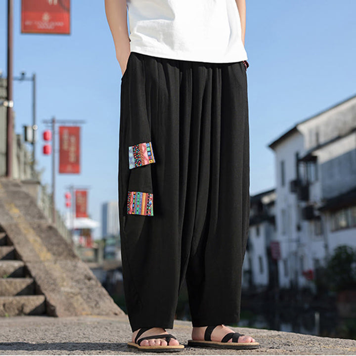 Buddha Stonesシンプル パッチワークデザイン ドローストリング ソフトコットン メンズ ワイドレッグパンツ ポケット付き