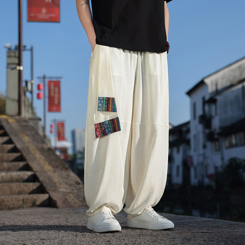 Buddha Stonesシンプル パッチワークデザイン ドローストリング ソフトコットン メンズ ワイドレッグパンツ ポケット付き