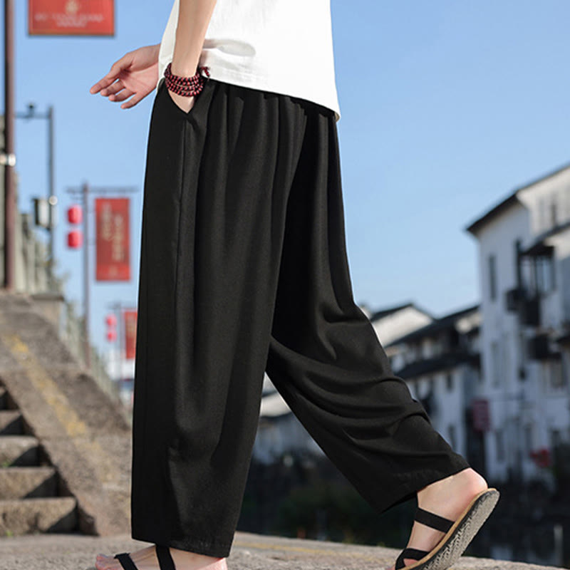 Buddha Stonesシンプル パッチワークデザイン ドローストリング ソフトコットン メンズ ワイドレッグパンツ ポケット付き
