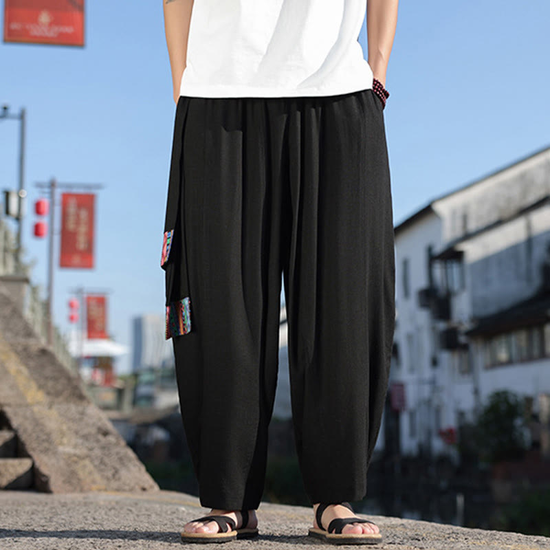 Buddha Stonesシンプル パッチワークデザイン ドローストリング ソフトコットン メンズ ワイドレッグパンツ ポケット付き