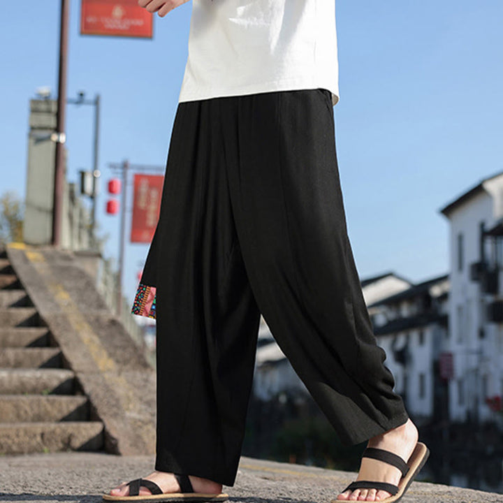 Buddha Stonesシンプル パッチワークデザイン ドローストリング ソフトコットン メンズ ワイドレッグパンツ ポケット付き