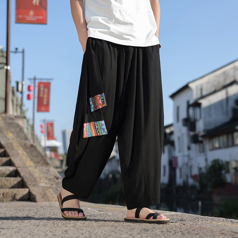 Buddha Stonesシンプル パッチワークデザイン ドローストリング ソフトコットン メンズ ワイドレッグパンツ ポケット付き