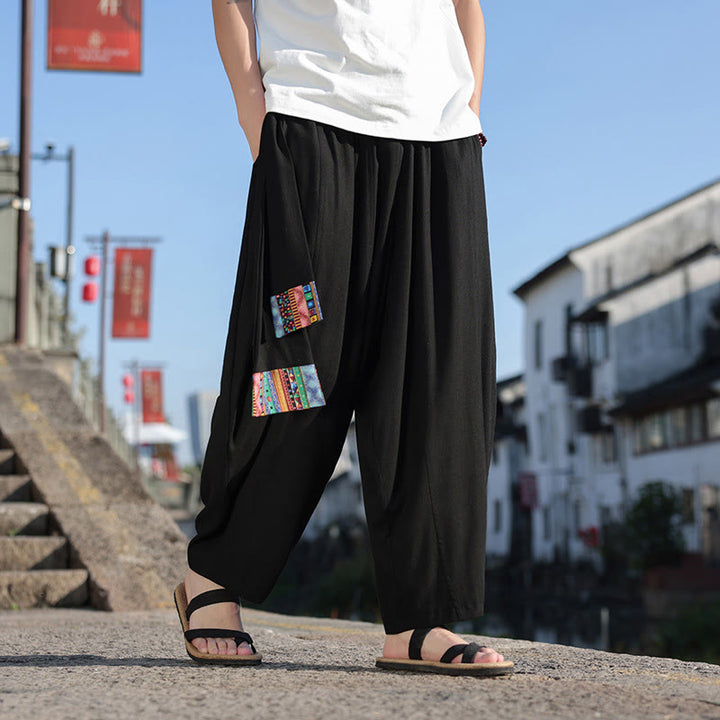 Buddha Stonesシンプル パッチワークデザイン ドローストリング ソフトコットン メンズ ワイドレッグパンツ ポケット付き