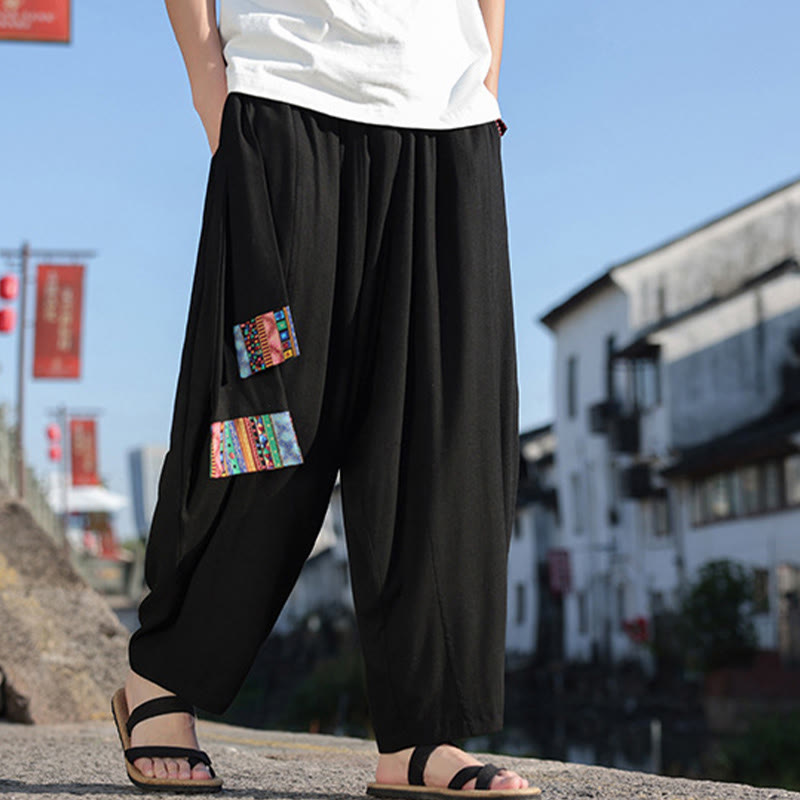 Buddha Stonesシンプル パッチワークデザイン ドローストリング ソフトコットン メンズ ワイドレッグパンツ ポケット付き