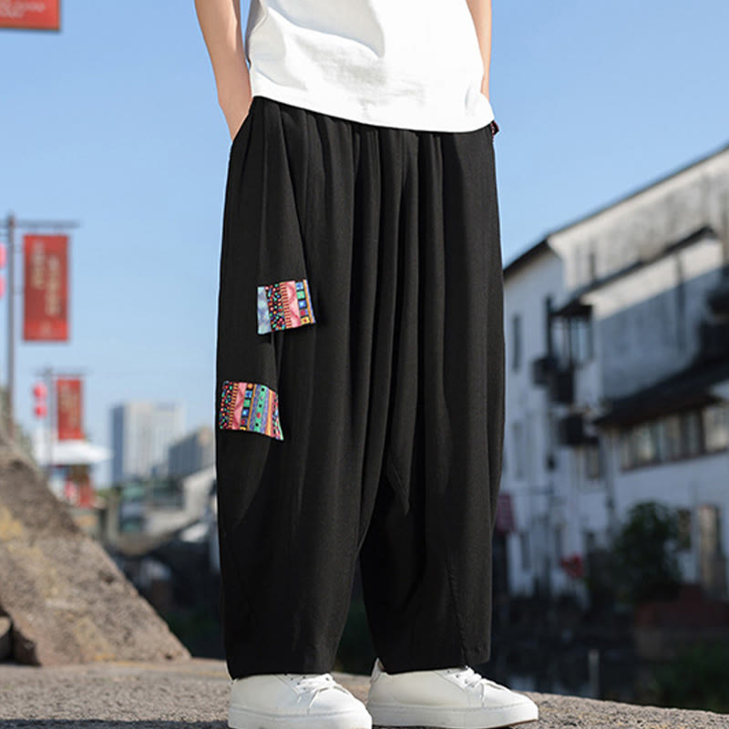Buddha Stonesシンプル パッチワークデザイン ドローストリング ソフトコットン メンズ ワイドレッグパンツ ポケット付き