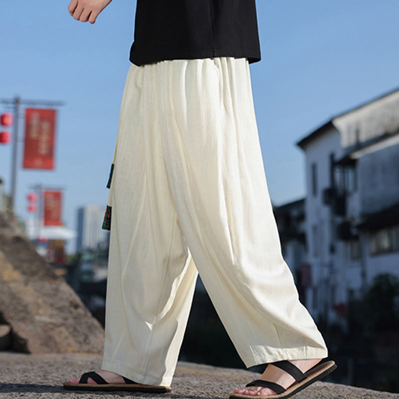 Buddha Stonesシンプル パッチワークデザイン ドローストリング ソフトコットン メンズ ワイドレッグパンツ ポケット付き