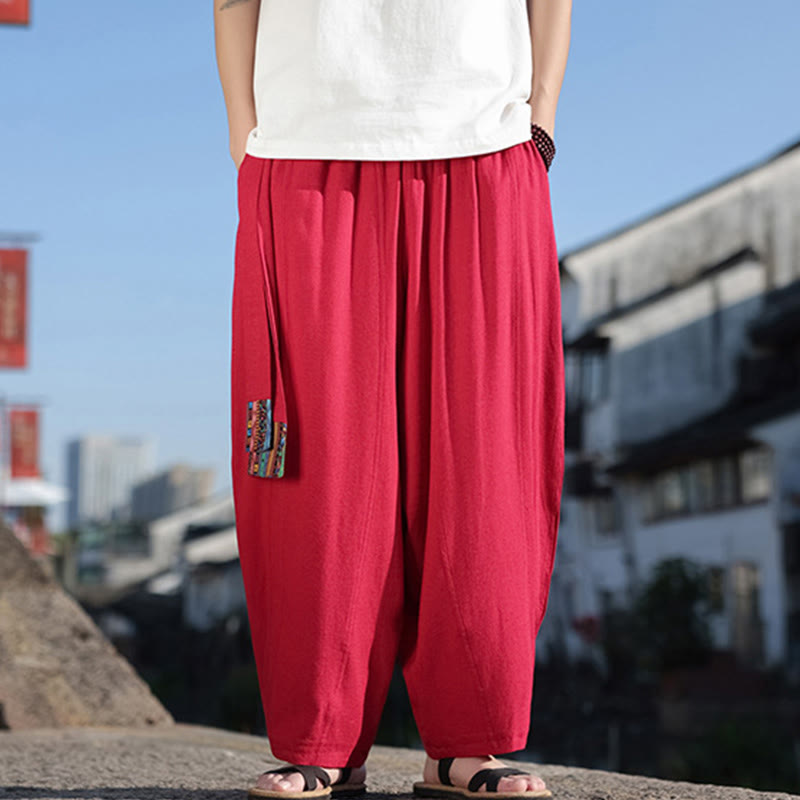 Buddha Stonesシンプル パッチワークデザイン ドローストリング ソフトコットン メンズ ワイドレッグパンツ ポケット付き