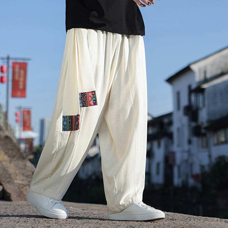 Buddha Stonesシンプル パッチワークデザイン ドローストリング ソフトコットン メンズ ワイドレッグパンツ ポケット付き