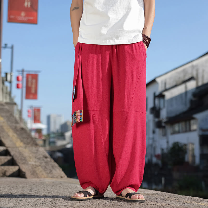 Buddha Stonesシンプル パッチワークデザイン ドローストリング ソフトコットン メンズ ワイドレッグパンツ ポケット付き