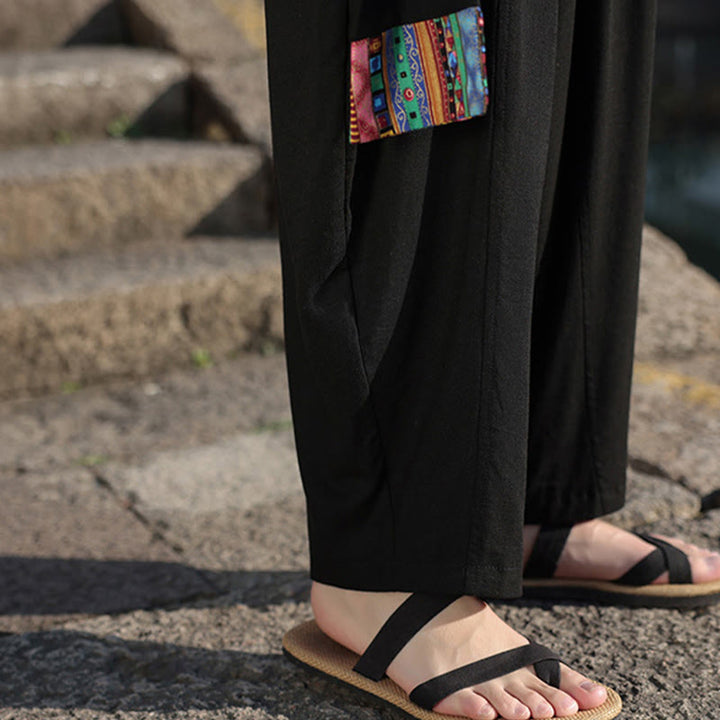 Buddha Stonesシンプル パッチワークデザイン ドローストリング ソフトコットン メンズ ワイドレッグパンツ ポケット付き