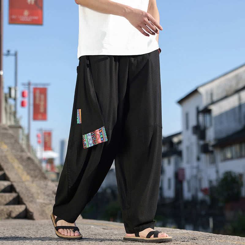 Buddha Stonesシンプル パッチワークデザイン ドローストリング ソフトコットン メンズ ワイドレッグパンツ ポケット付き