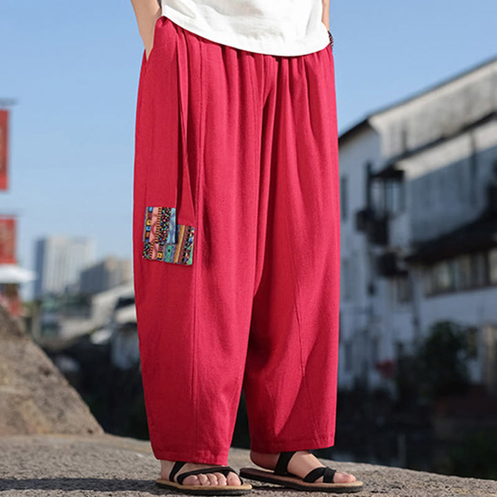 Buddha Stonesシンプル パッチワークデザイン ドローストリング ソフトコットン メンズ ワイドレッグパンツ ポケット付き