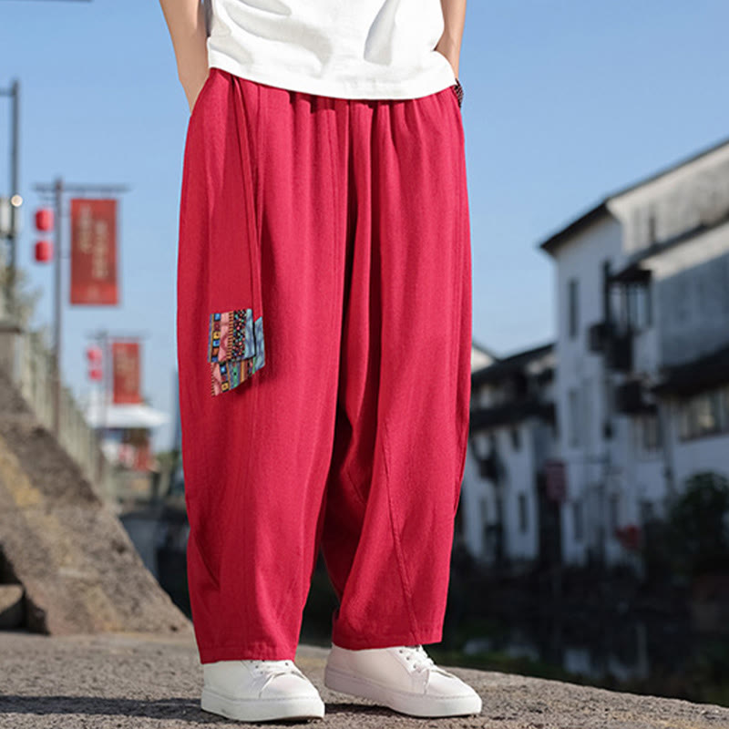 Buddha Stonesシンプル パッチワークデザイン ドローストリング ソフトコットン メンズ ワイドレッグパンツ ポケット付き