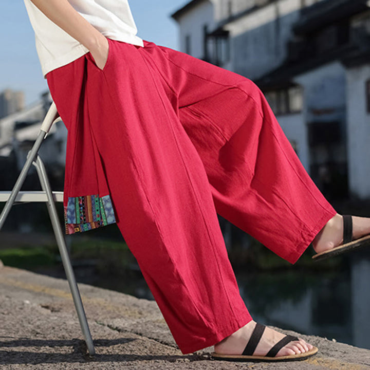 Buddha Stonesシンプル パッチワークデザイン ドローストリング ソフトコットン メンズ ワイドレッグパンツ ポケット付き