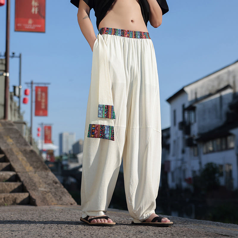 Buddha Stonesシンプル パッチワークデザイン ドローストリング ソフトコットン メンズ ワイドレッグパンツ ポケット付き