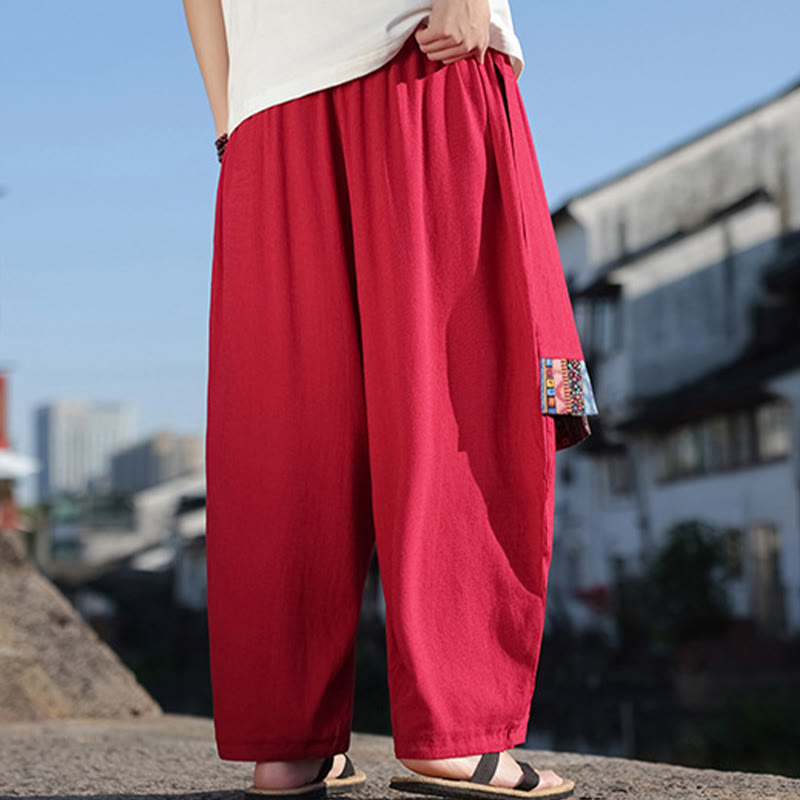 Buddha Stonesシンプル パッチワークデザイン ドローストリング ソフトコットン メンズ ワイドレッグパンツ ポケット付き