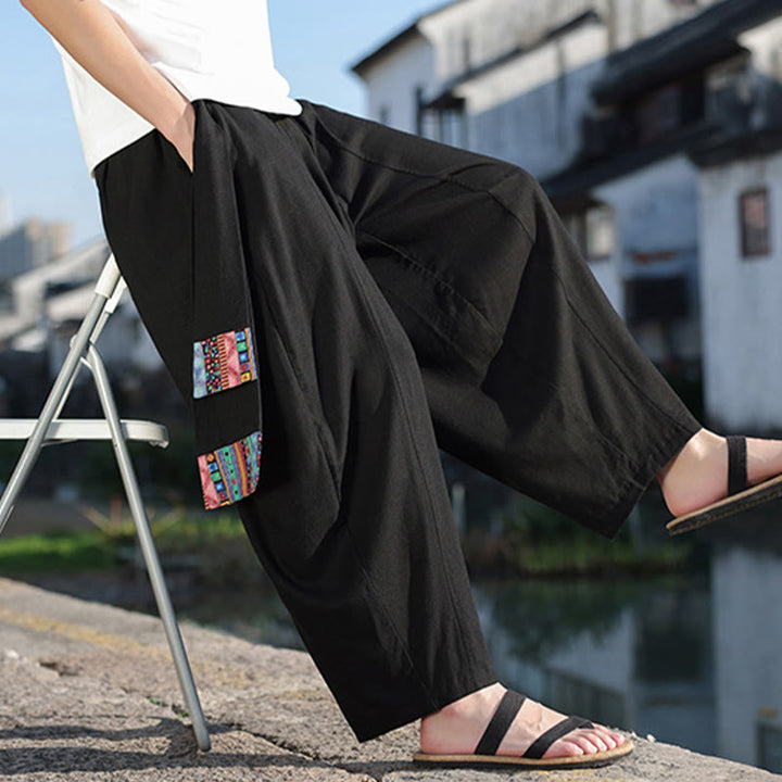 Buddha Stonesシンプル パッチワークデザイン ドローストリング ソフトコットン メンズ ワイドレッグパンツ ポケット付き