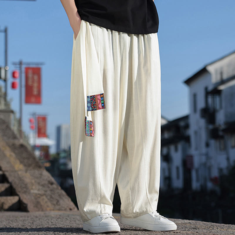 Buddha Stonesシンプル パッチワークデザイン ドローストリング ソフトコットン メンズ ワイドレッグパンツ ポケット付き