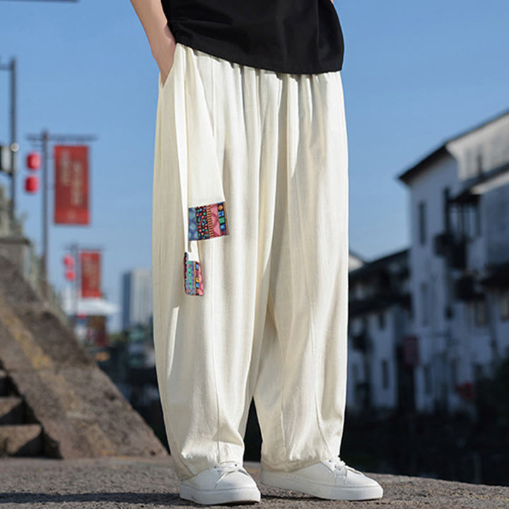 Buddha Stonesシンプル パッチワークデザイン ドローストリング ソフトコットン メンズ ワイドレッグパンツ ポケット付き