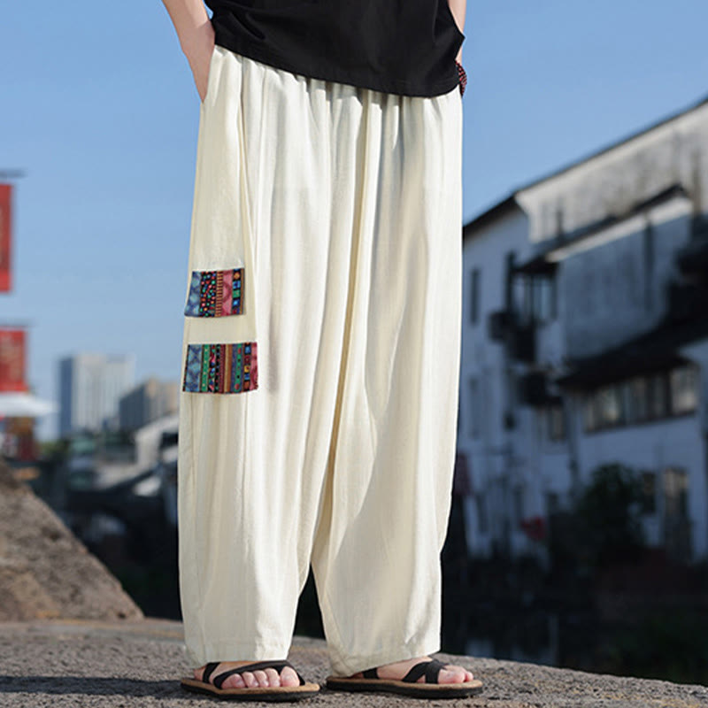 Buddha Stonesシンプル パッチワークデザイン ドローストリング ソフトコットン メンズ ワイドレッグパンツ ポケット付き