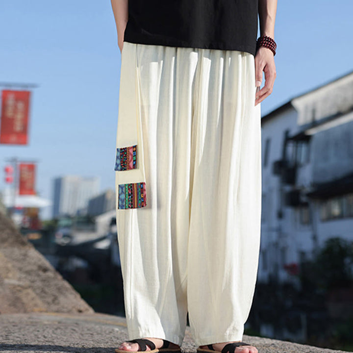 Buddha Stonesシンプル パッチワークデザイン ドローストリング ソフトコットン メンズ ワイドレッグパンツ ポケット付き