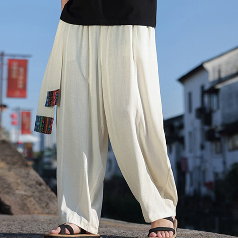 Buddha Stonesシンプル パッチワークデザイン ドローストリング ソフトコットン メンズ ワイドレッグパンツ ポケット付き
