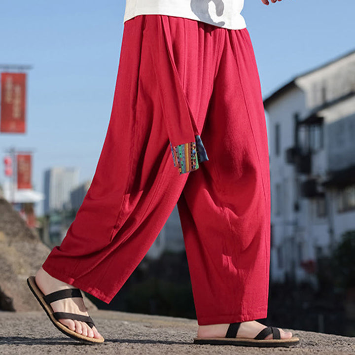 Buddha Stonesシンプル パッチワークデザイン ドローストリング ソフトコットン メンズ ワイドレッグパンツ ポケット付き