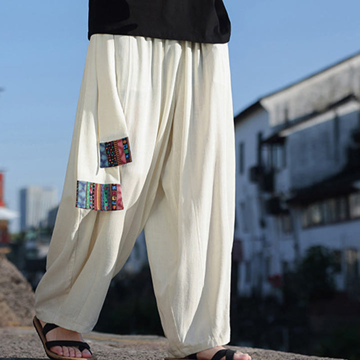 Buddha Stonesシンプル パッチワークデザイン ドローストリング ソフトコットン メンズ ワイドレッグパンツ ポケット付き