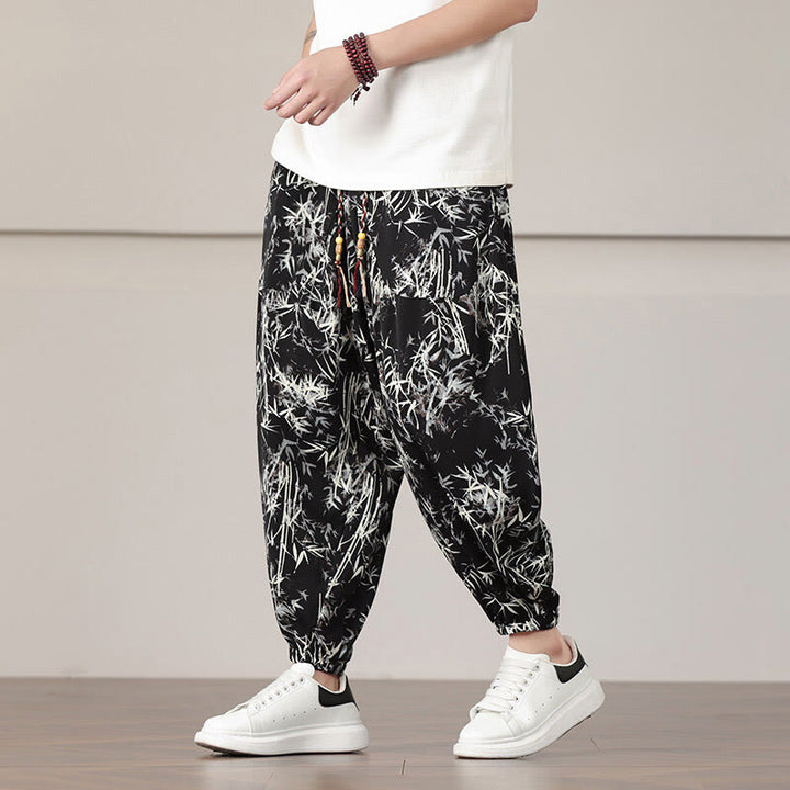 Buddha Stones竹の葉柄 ドローストリング メンズ ハーレムパンツ ポケット付き - 黒 - US/UK/AU46、 EU56 (5XL) - image 10