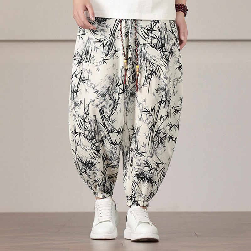 Buddha Stones竹の葉柄 ドローストリング メンズ ハーレムパンツ ポケット付き - ベージュ - US/UK/AU46、 EU56 (5XL) - image 0