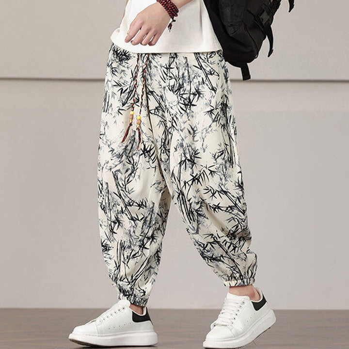 Buddha Stones竹の葉柄 ドローストリング メンズ ハーレムパンツ ポケット付き - image 4
