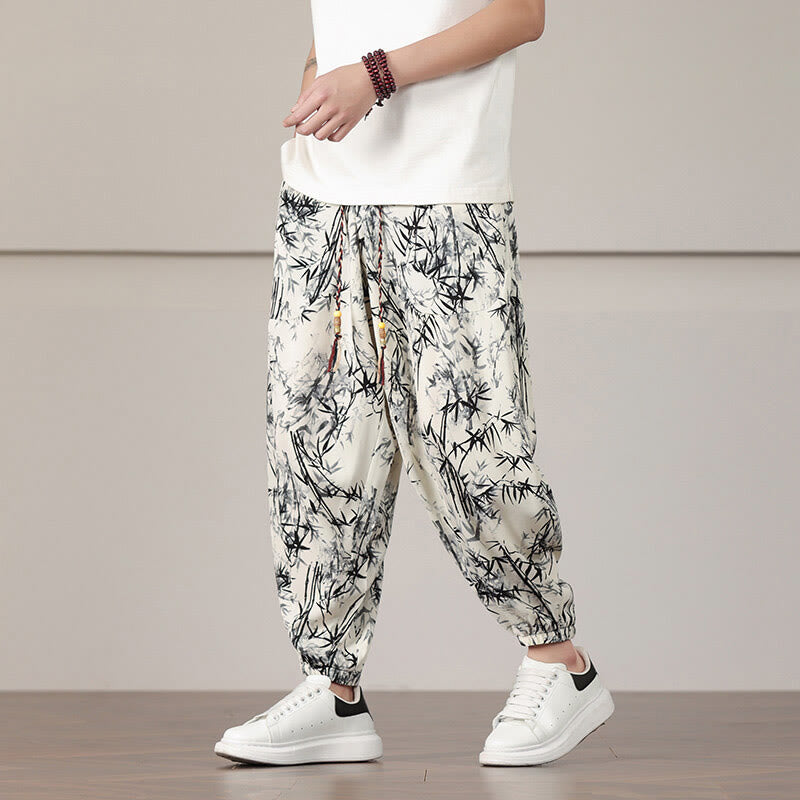 Buddha Stones竹の葉柄 ドローストリング メンズ ハーレムパンツ ポケット付き - image 1