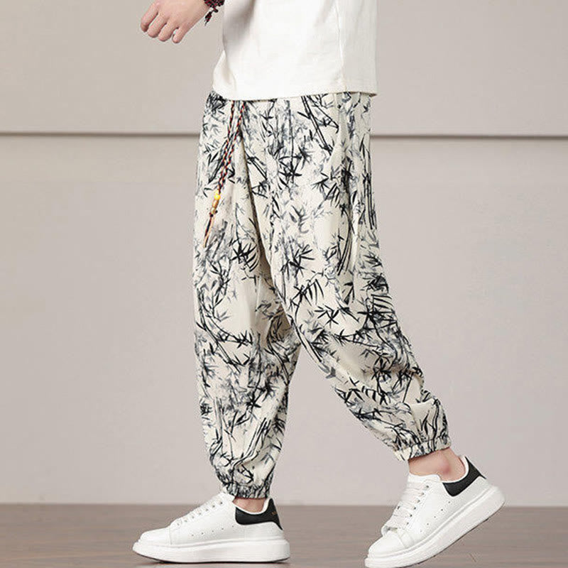 Buddha Stones竹の葉柄 ドローストリング メンズ ハーレムパンツ ポケット付き - image 3