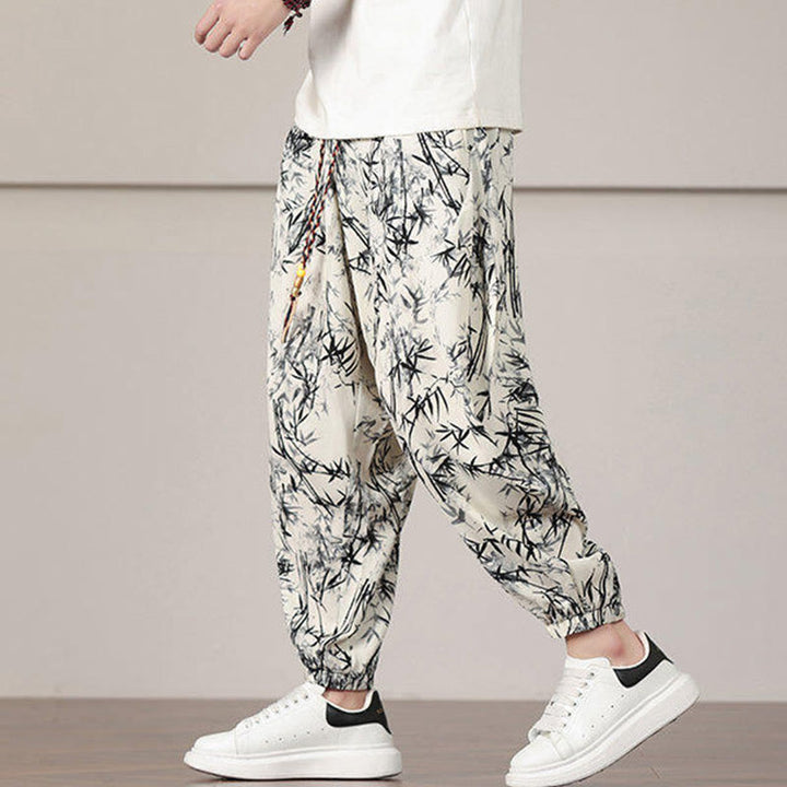 Buddha Stones竹の葉柄 ドローストリング メンズ ハーレムパンツ ポケット付き - image 3