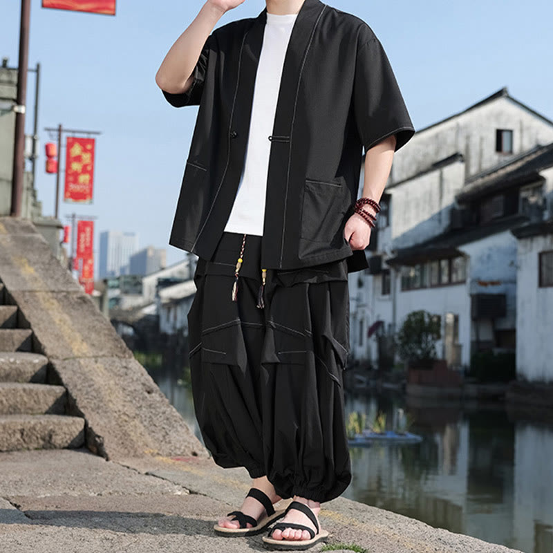 Buddha Stones 2点セット ブラック カエルボタン コットン メンズ 着物ジャケット ドローストリング ワイドレッグパンツ ポケット付き - image 1