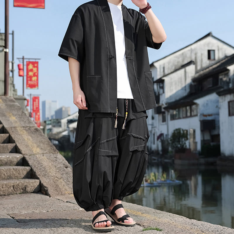 Buddha Stones 2点セット ブラック カエルボタン コットン メンズ 着物ジャケット ドローストリング ワイドレッグパンツ ポケット付き - image 2